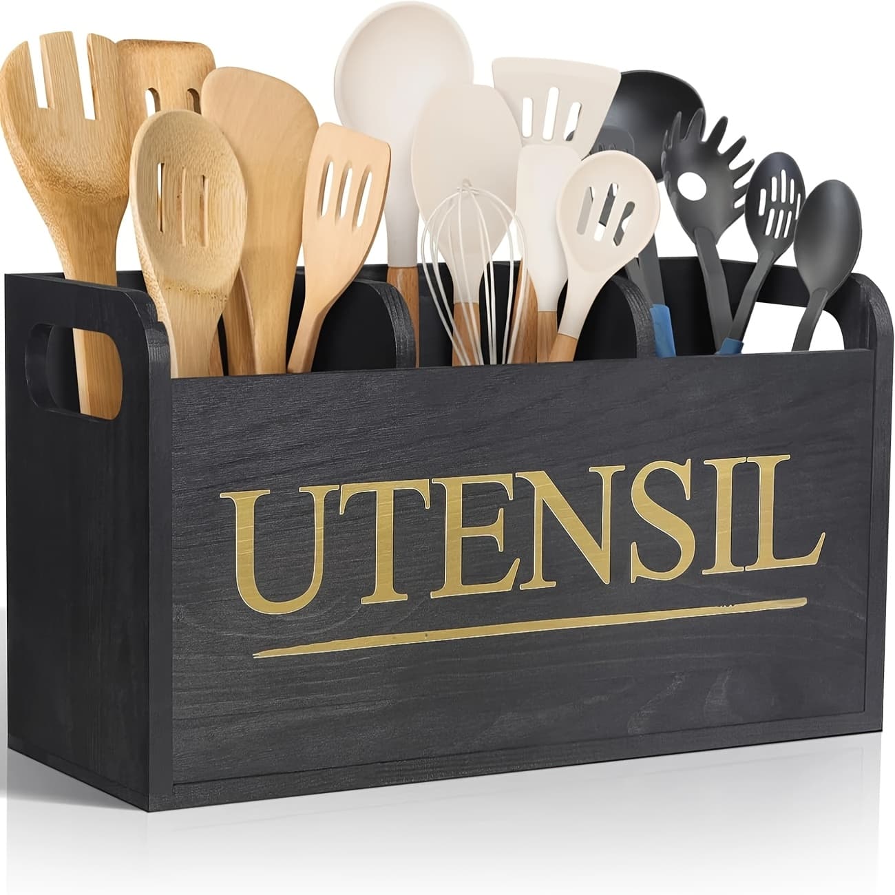 TEMU Style Wooden Kitchen Utensil Rack -3-compartment Storage, Multifunctional Cutlery And Cooking Tool Sorting Rack, No Electricity Required, Rectangular