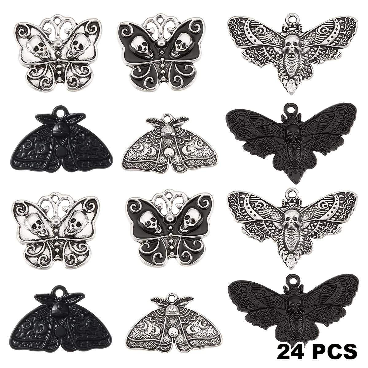 TEMU 24pcs Of Moth Pendants In Gothic Style, Vintage Silvery Skull Pendants For Halloween, Black Phase Moth Insect Pendants, Skull Pendants For Jewelry Making, Craft Supplies, Without Battery