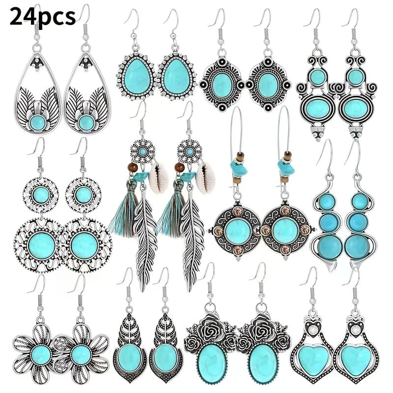 TEMU 24pcs Vintage Bohemian Turquoise Earrings With Floral Teardrop Pendants - Look Boho Suitable For Women's Casual Attire, Parties, Holidays - Gift (no Plating, 24 Earrings)