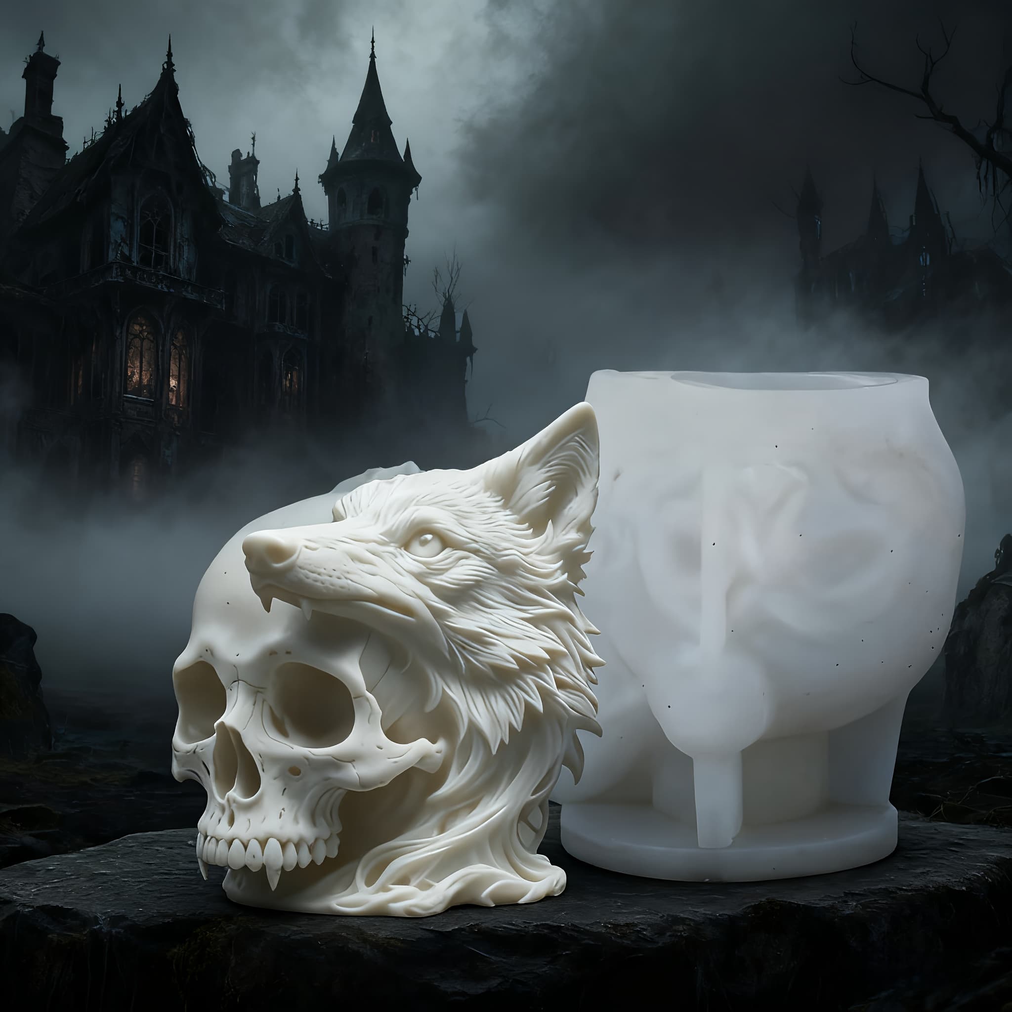 TEMU 1pc Creepy Mysterious Wolf Head Silicone Mold, Lifelike Detail Realistic Reusable Mold, Exquisite Shaping Easy Demolding, Desktop Ornament, Haunted House Halloween Decoration