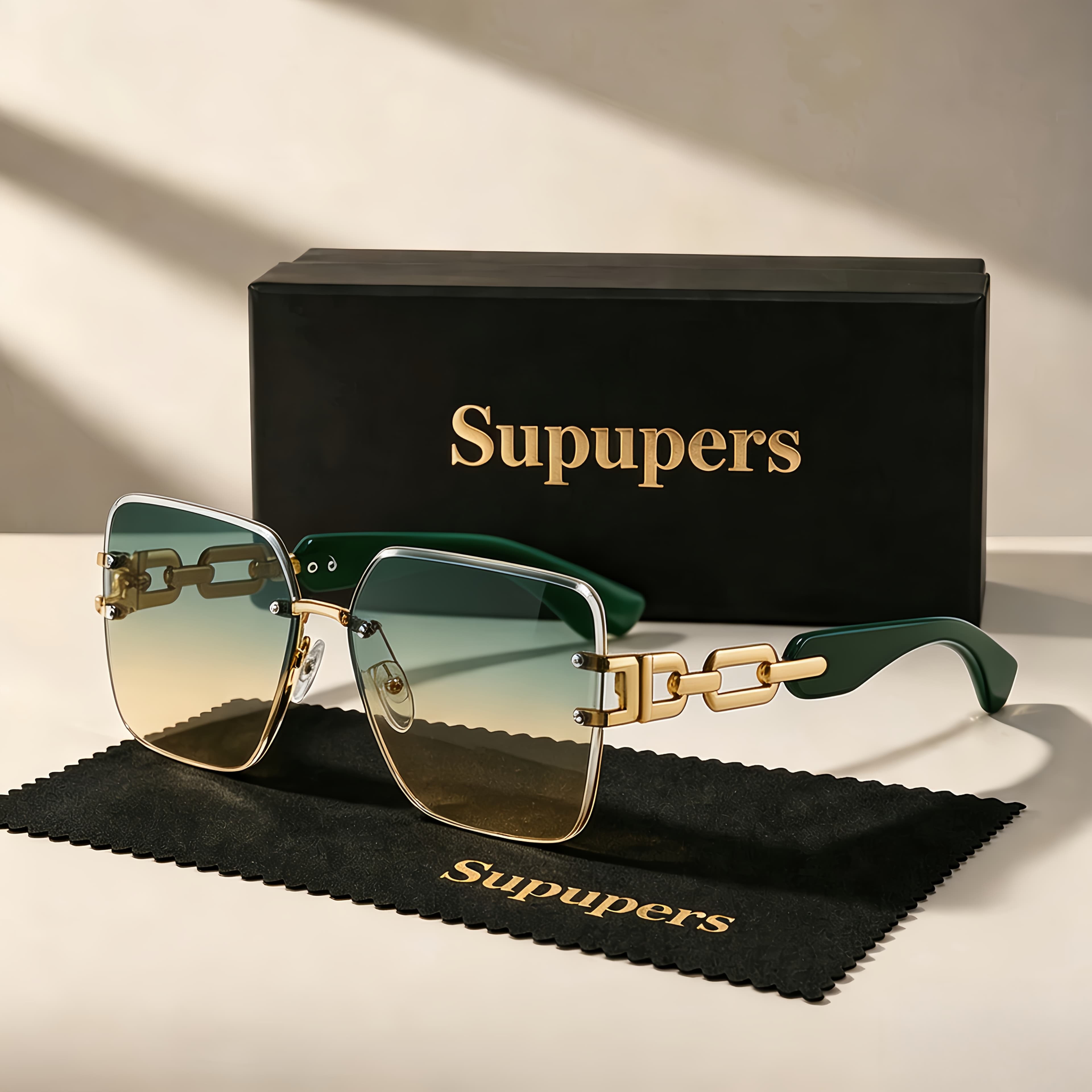 TEMU Luxury Square Fashion Women's - Oversized Gradient Lenses, Golden Metal Chain Temples, In Colors - Includes Portable Case And Cleaning Cloth - Must-have For Driving, And Parties