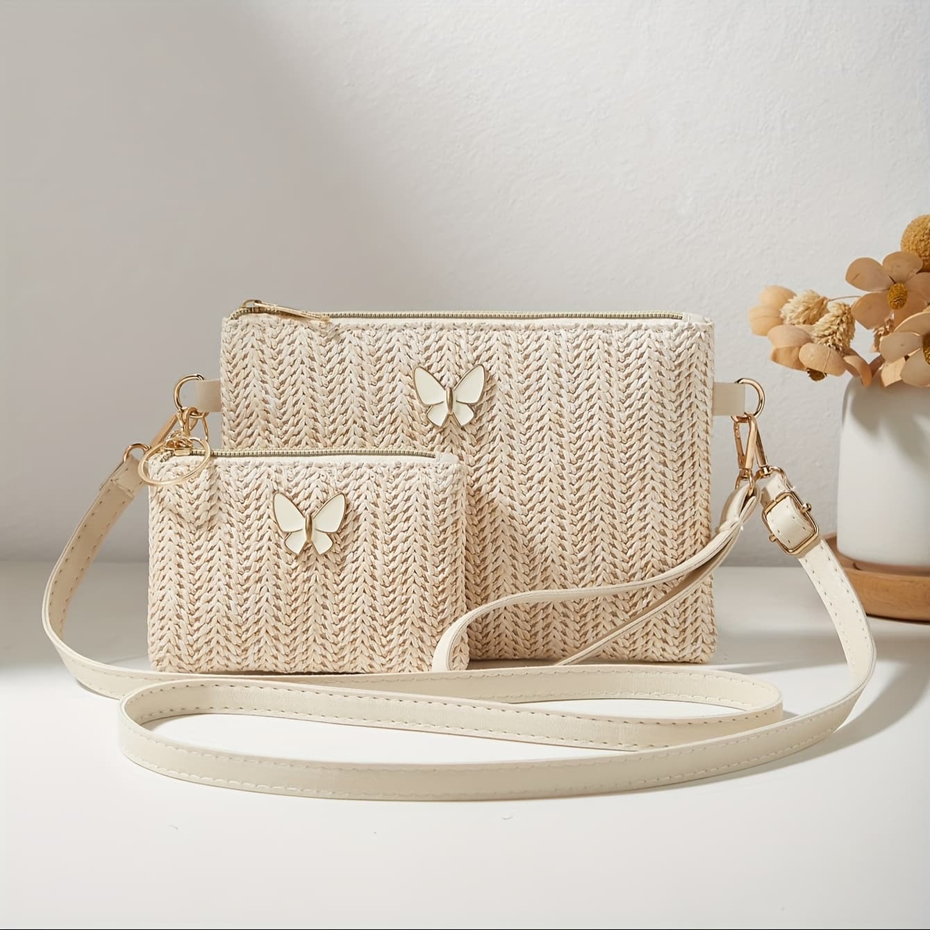 TEMU 2025 New Label Decorative Straw Two-piece Set Women's Bag Single Shoulder Bag