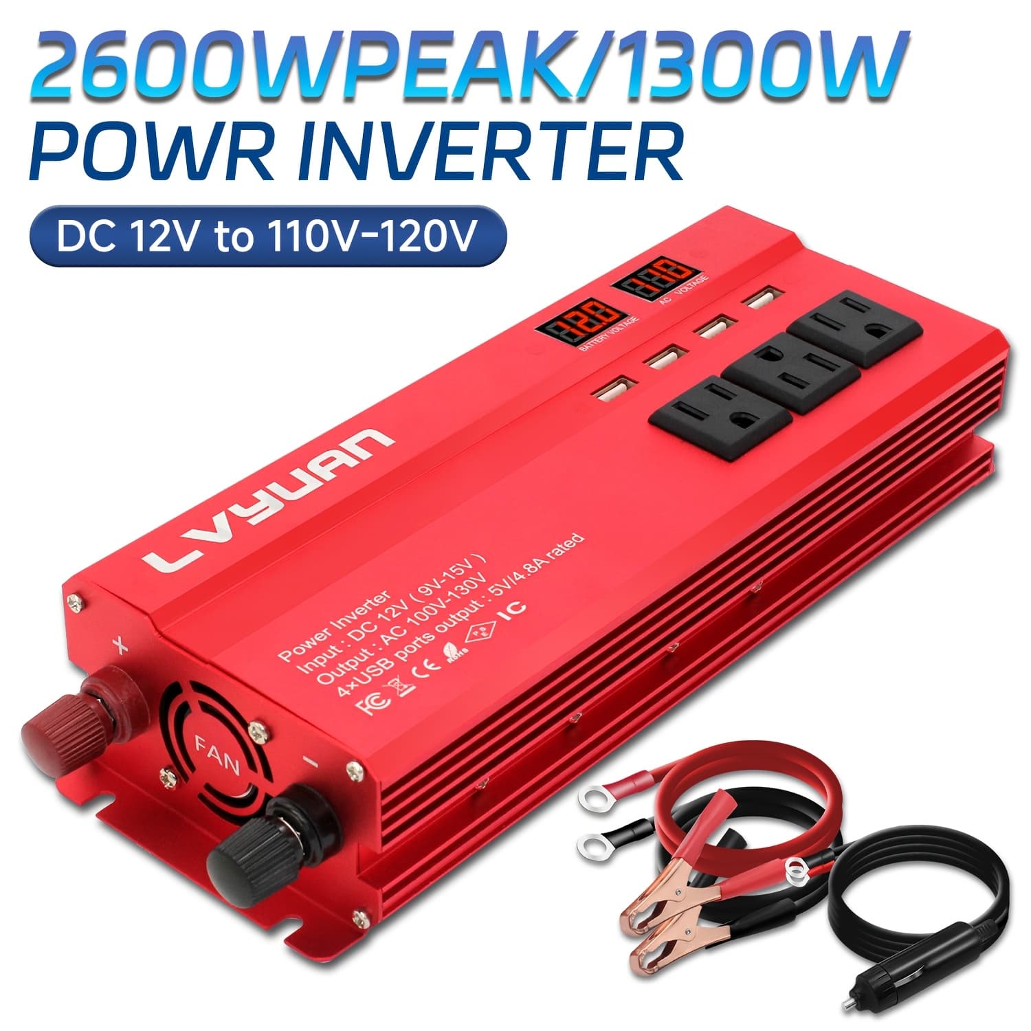 TEMU Lvyuan Car Power Inverter 1300w/(2600w )1000w/(2000w ) 12v To 110v To Ac Car Inverter With 3.1a Usb Car Adapter, Universal Portable Adapter For Vehicle And Boat, 4 Sockets, Battery Clips