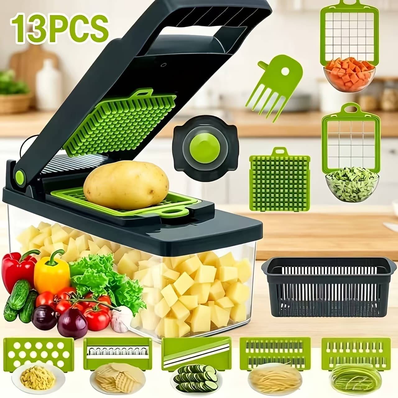TEMU 13pcs Upgraded Vegetable Chopper, Multifunctional Fruit Slicer, Handle Based Food Grater, Container Cutting Tool, Replaceable Onion Chopper, Household Potato Slicer