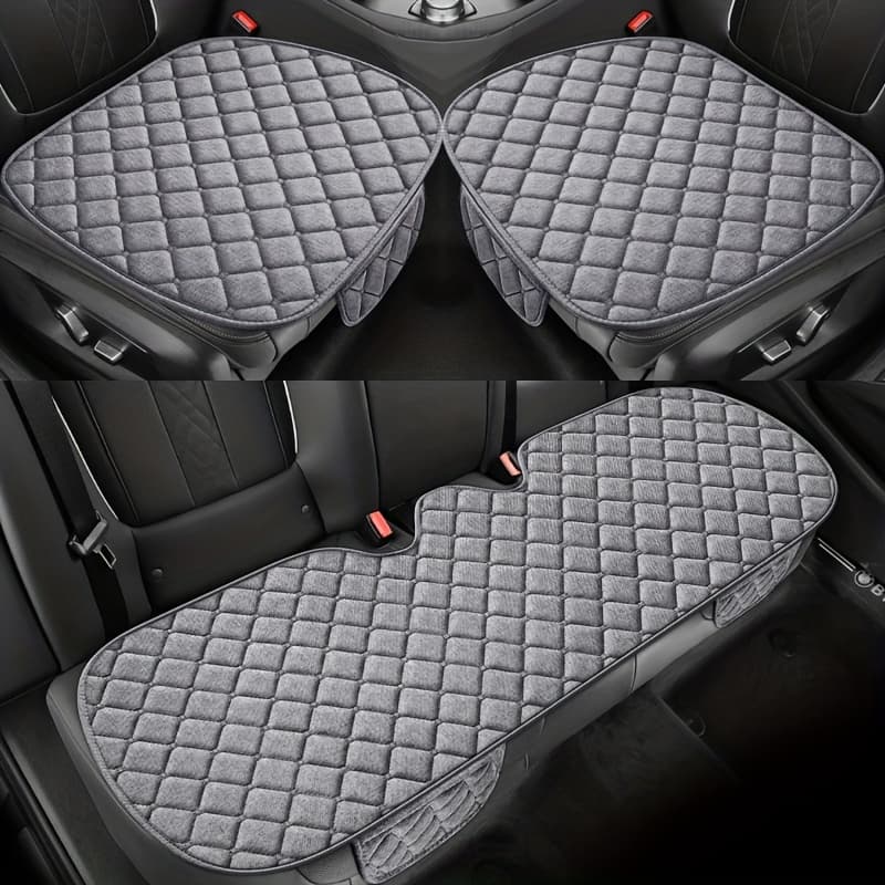 TEMU Car Seat Cushion, Texture, Cool And Breathable, 3pcs Set (2 Front Seat Cushions + 1 Rear Seat Long Cushion), Checkered Quilted Design, Elegant And Versatile For All
