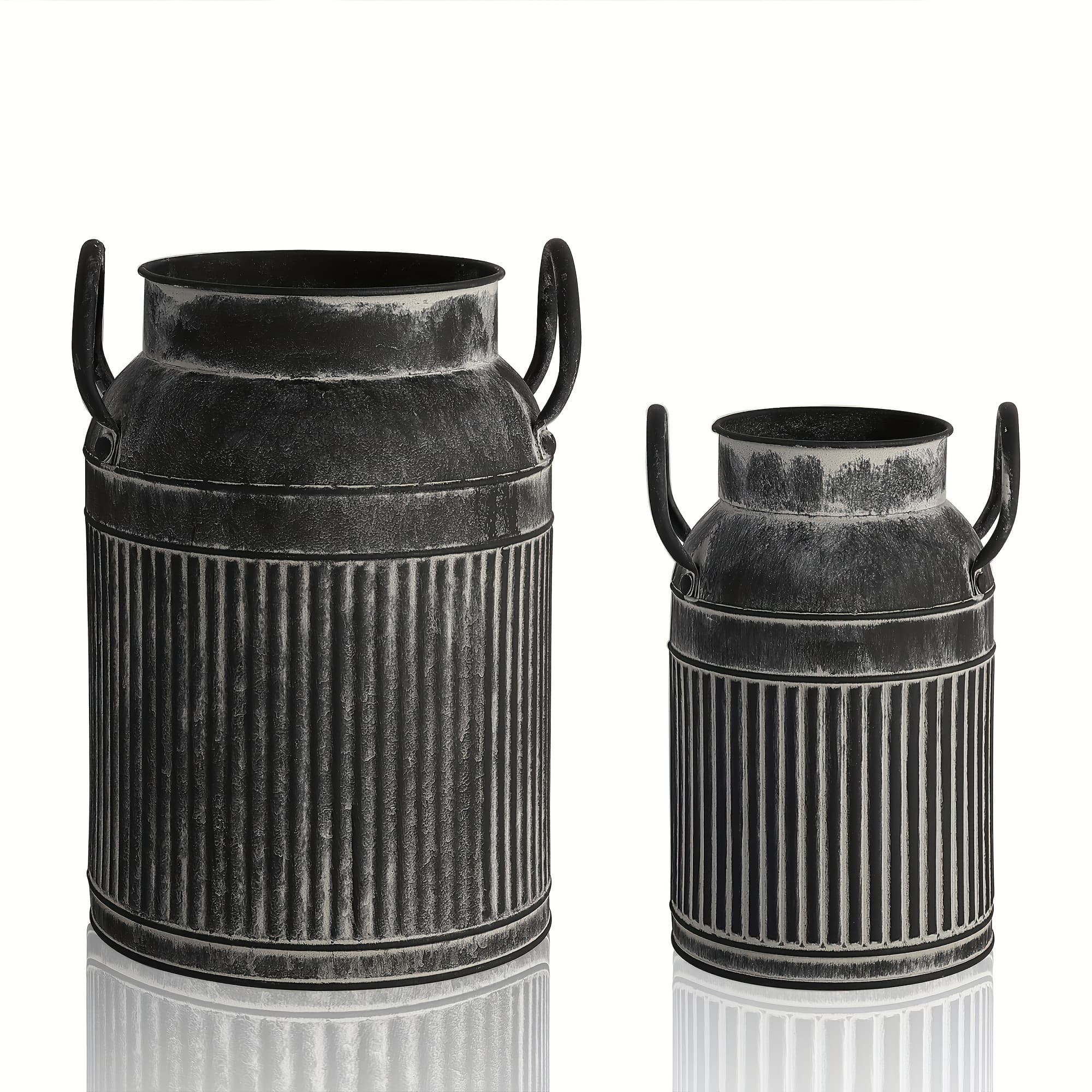 TEMU 2pcs Vintage Rustic Metal Flower Buckets - Metal Rustic Farmhouse Vase, Striped, Round Cylinder Design For Home Decor