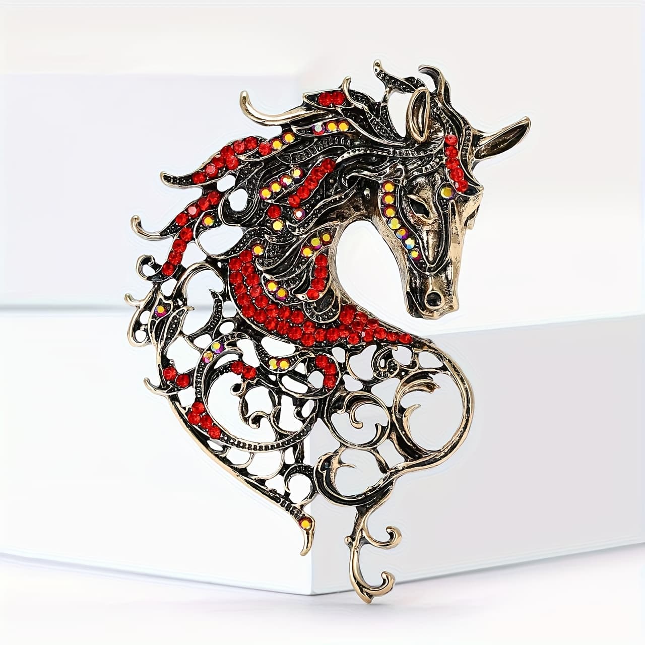 TEMU Vintage Brooch Pin - Elegant Metallic Horse Head With Red & Golden Accents, Kc Golden Plated Alloy, Versatile For Clothing &