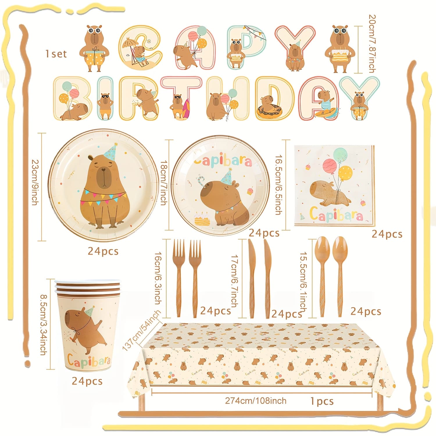 TEMU 170pcs Capybara Birthday Party Decorations & Tableware Set - Thickened Paper Plates, Cups, Napkins, Utensils, Banner Flags, Tablecloth Included | Serves 24 Guests