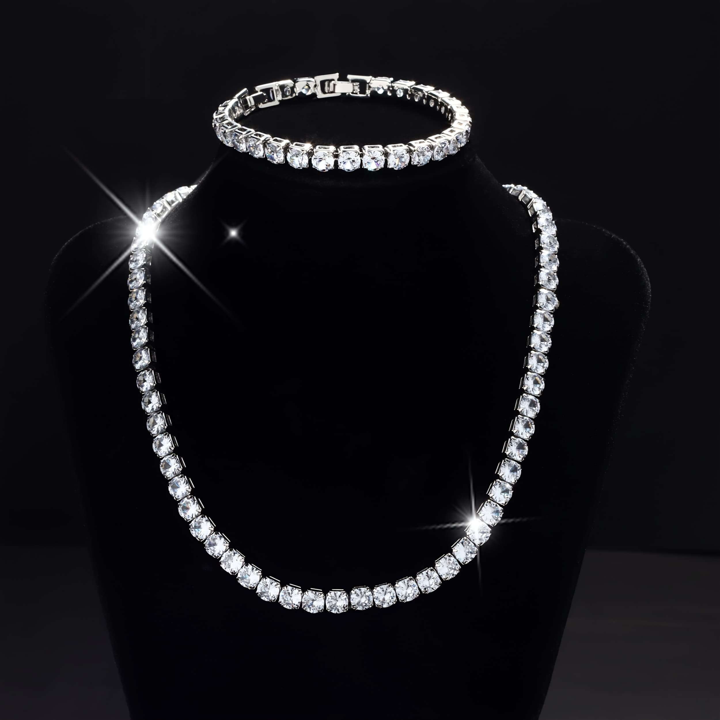 TEMU 2pcs Women's Fashion Tennis Necklace And Jewelry Set, Sparkling 6mm Round Synthetic Zirconia Inlaid, Unisex, Suitable For Daily Wear, Christmas, Thanksgiving, Valentine's Gift For Men And Women