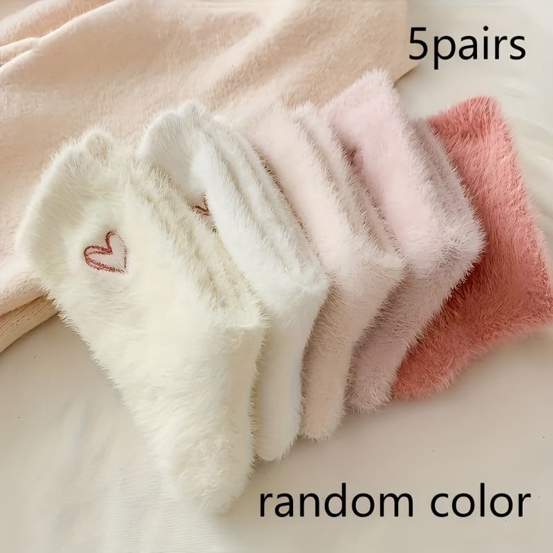 TEMU 5 Pairs Random Heart Embroidery Fluffy Socks, Thick Plush Floor Socks Sleeping Socks, , Best Gift For Mom, Comfortable Sleepwear, Winter , Cute Socks, Elegant Socks, Hand Wash , Durable Material