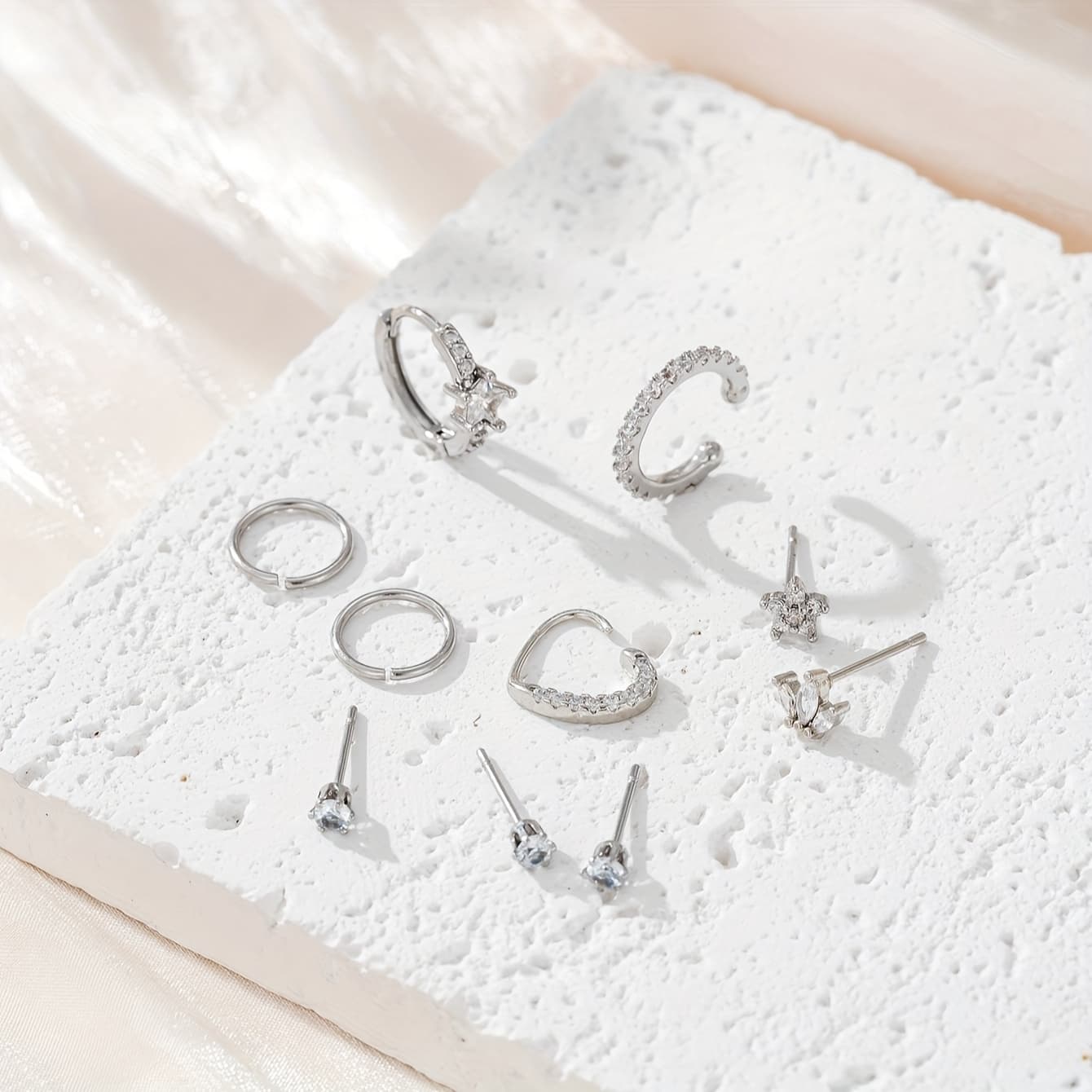 TEMU 10pcs Women's Fashion Earrings, Hip-hop Cubic Synthetic Synthetic Zirconia Star And Leaf Charm Studs Set, Music Festival Jewelry Accessories.kpop Style Jewelry.
