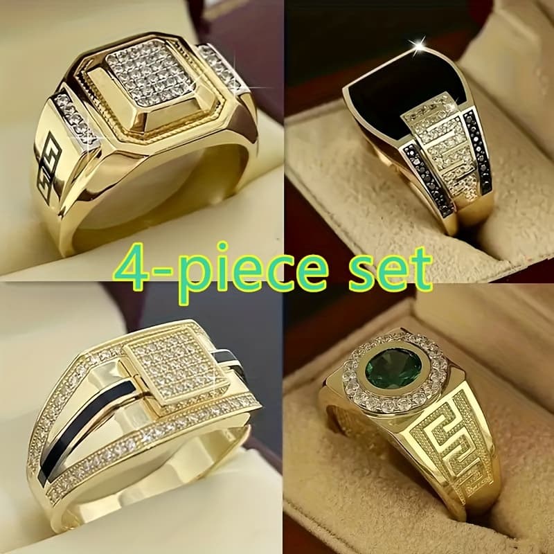 TEMU 4pcs (for Of Listing Only) Compatible With Men's Cuban Chain Ring - 18k Gold Plated Plated Black Onyx Wedding, Retro Classic & For Gentlemen, For Proposals, & Daily
