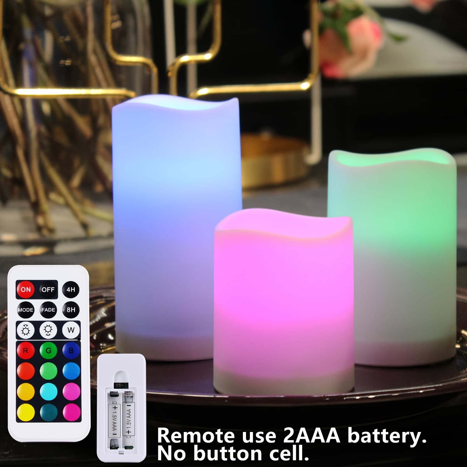 TEMU 3pack Pillar Flameless Candles With Remote Control, Color Changing Led Candles Withtimer,, Battery Candles Outdoor And Indoor Home Decor, 3 Pack Dia 2.5" X H3"/4"/5" By Batteries(not Included)