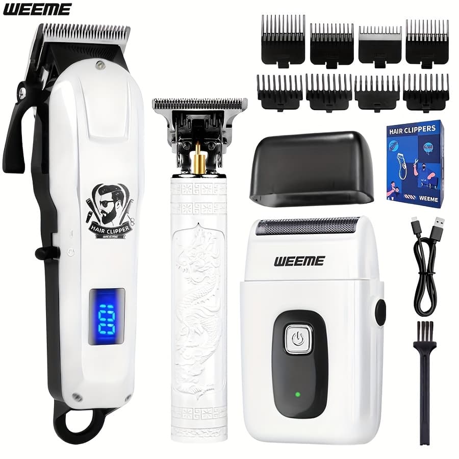 TEMU Weeme 2pcs/3pcs Set Golden/white/black Hair Clipper For Men - Usb Rechargeable Hair Cutting Kit With Electric Shaver, Trimmer, Limit Combs, Usb Cable, Cleaning Brush & Combs - Gift For Men