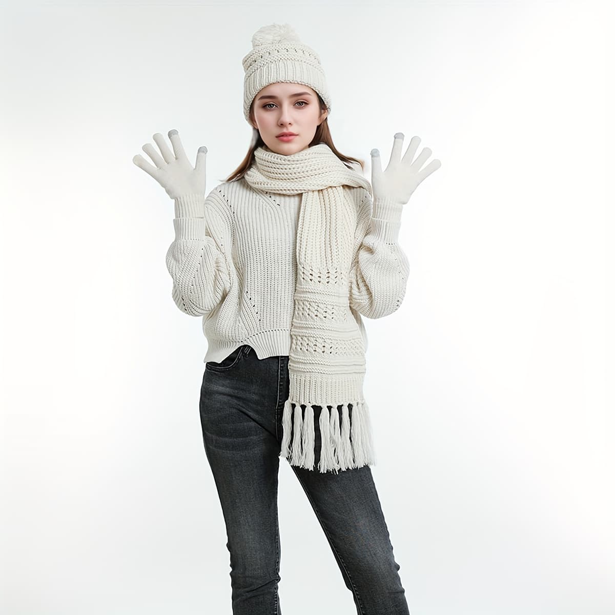 TEMU Set Of 3 Hat Scarf Gloves Unisex Winter Warm Hat Beanie Long Scarf Touch Screen Gloves Set Acrylic Fleece Lined Skull Caps Neck Scarves Gifts For Winter Christmas