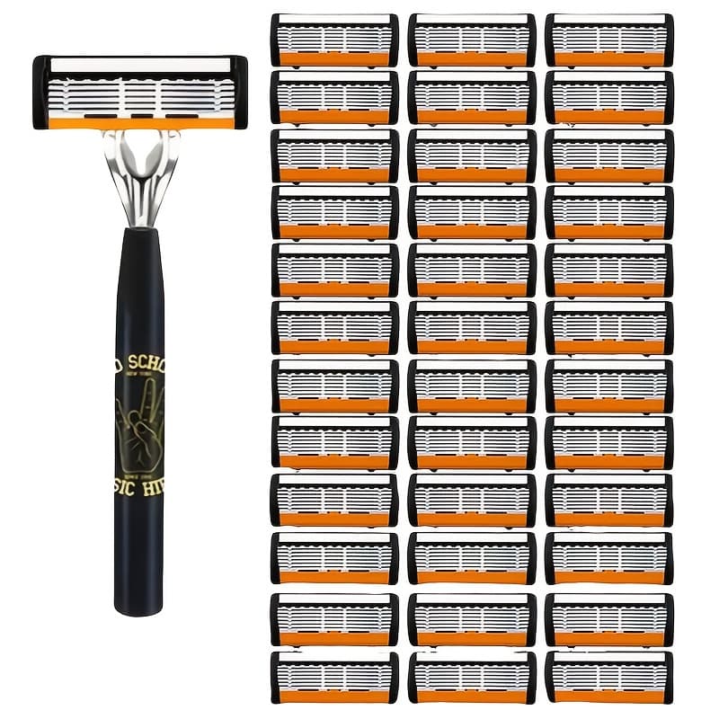 TEMU A Set Of Men' Steel Manual Safety Razors Featuring 2 Handles And 36 Ultra-sharp , Designed For And Durability. Ideal For Beard Trimming, It Includes A Metal Handle And Skin Curve