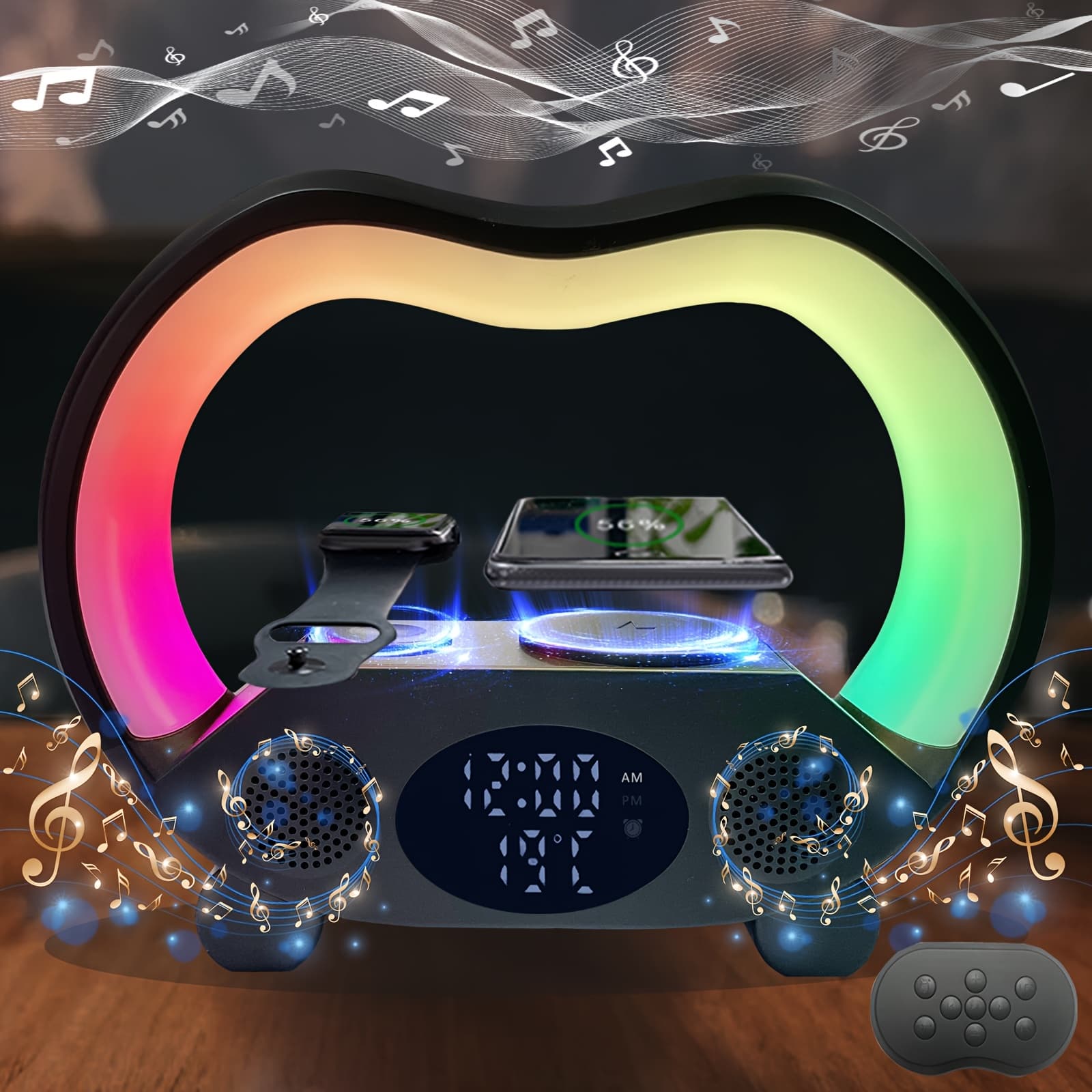 TEMU Zishen Night Light With Rgb Lights, 6-in-1 Wireless Speaker, Alarm Clock, Wireless Charging For Phone And Watch, Temperature Display, Ideal For Bedroom And Teen Gifts