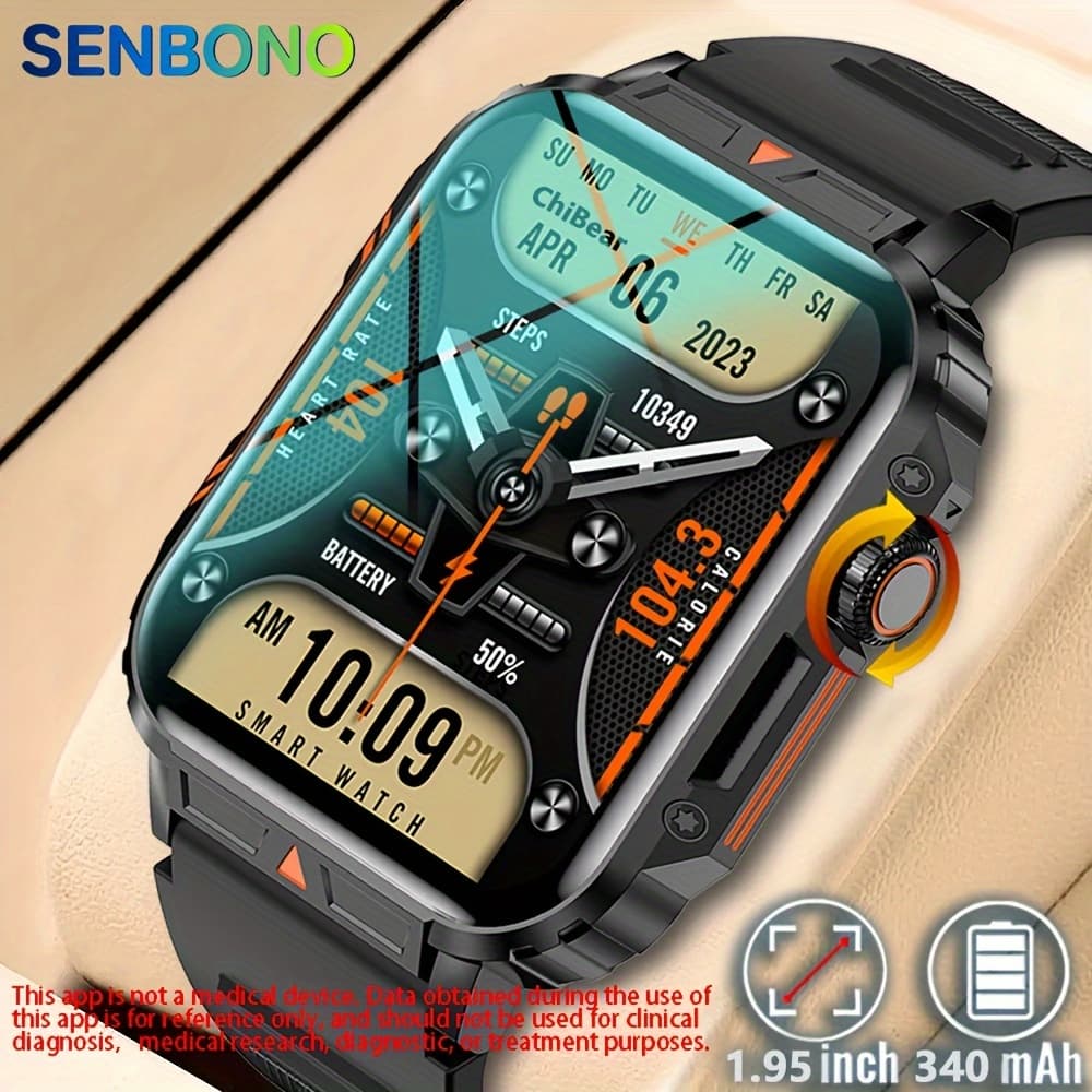 TEMU Senbono Men' Watch Featuring Wireless Calling, A 340mah Battery, Fitness Tracking For Steps, , And Distance, Weather Updates, Notifications, Alarm, And Watch Faces For Sports
