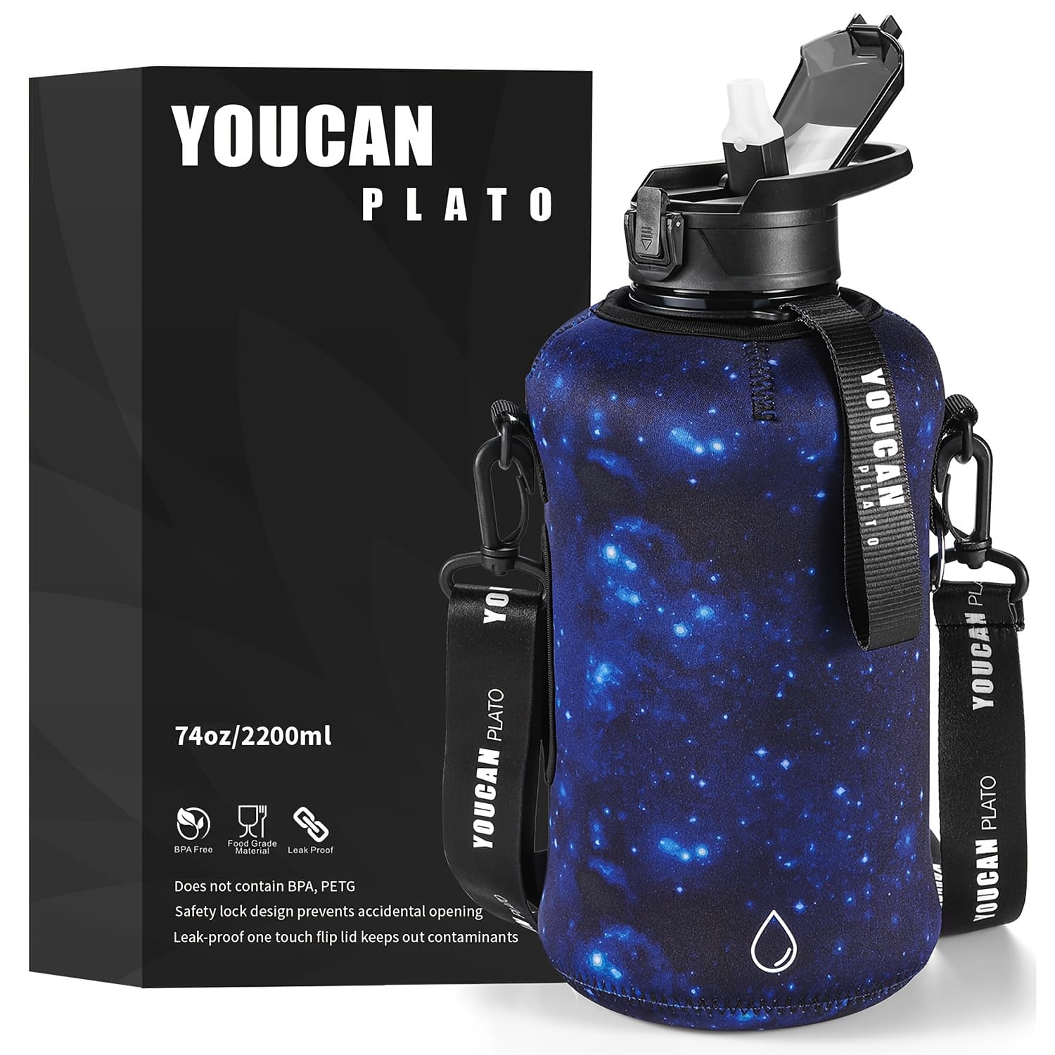 TEMU 74oz Half Gallon Water Bottle With Sleeve-large Water Bottle - Water Bottle With Straw- Gallon Water Jug With Handle And Bottle Brush-bpa Free- Leakproof, Workout Bottle