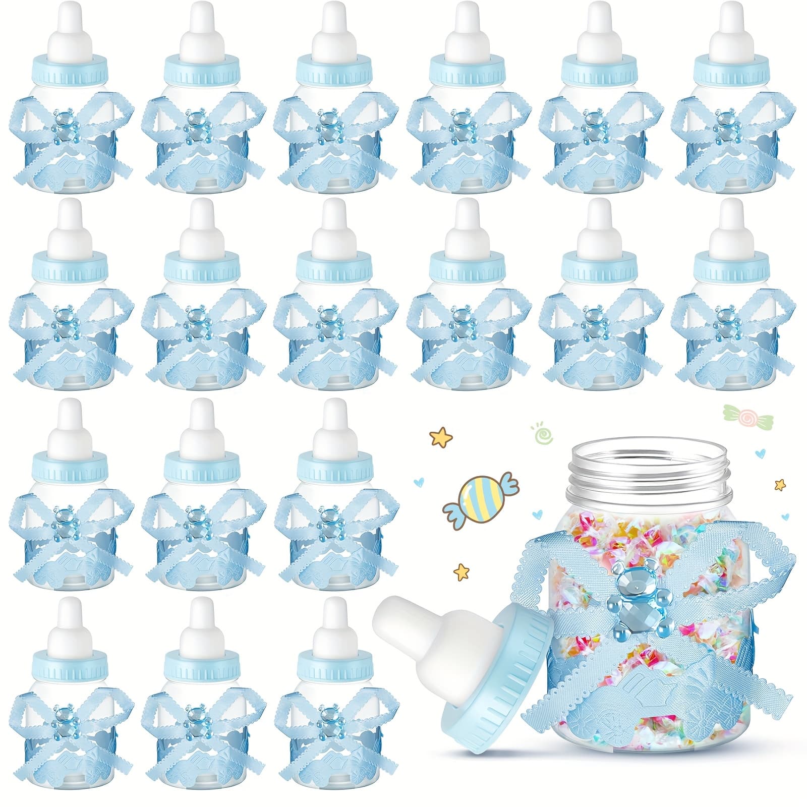 TEMU 36pcs Mini Milk Bottle Plastic Bear Bottles For Candy Jar With Ribbon For Party Favor Gift(blue)