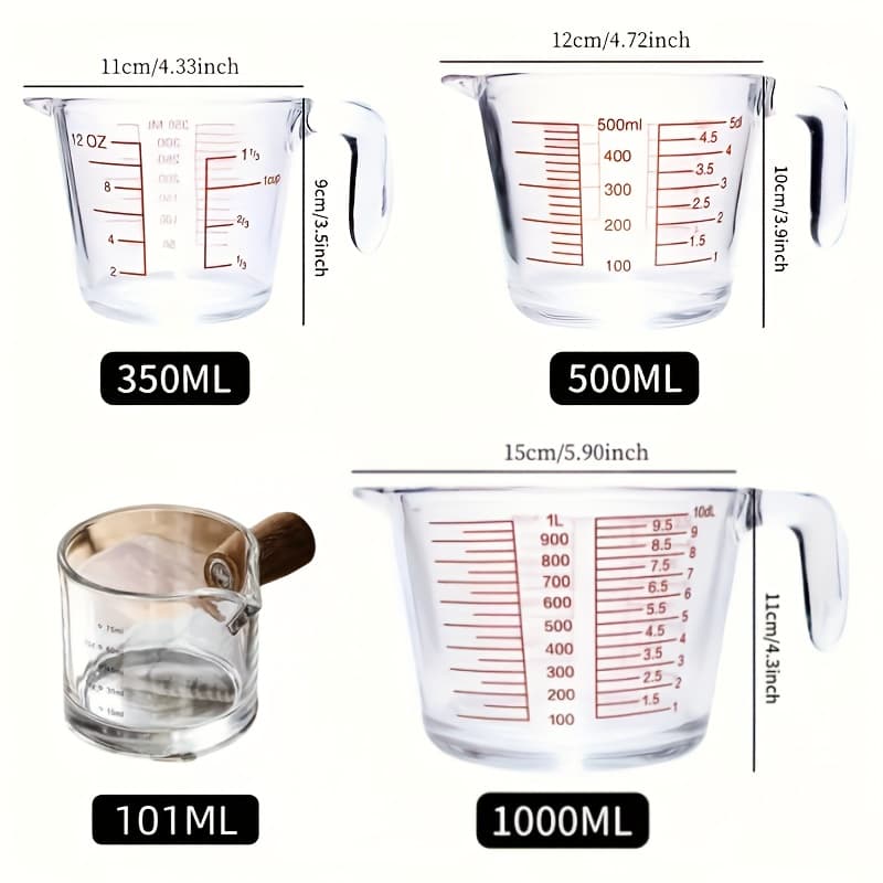 TEMU 4/9pcs Glass Measuring Cup Set, Including Tempered Glass Liquid Measuring Cups And 100ml Coffee Cups, Essential Kitchen Tools Glass Measuring Cups