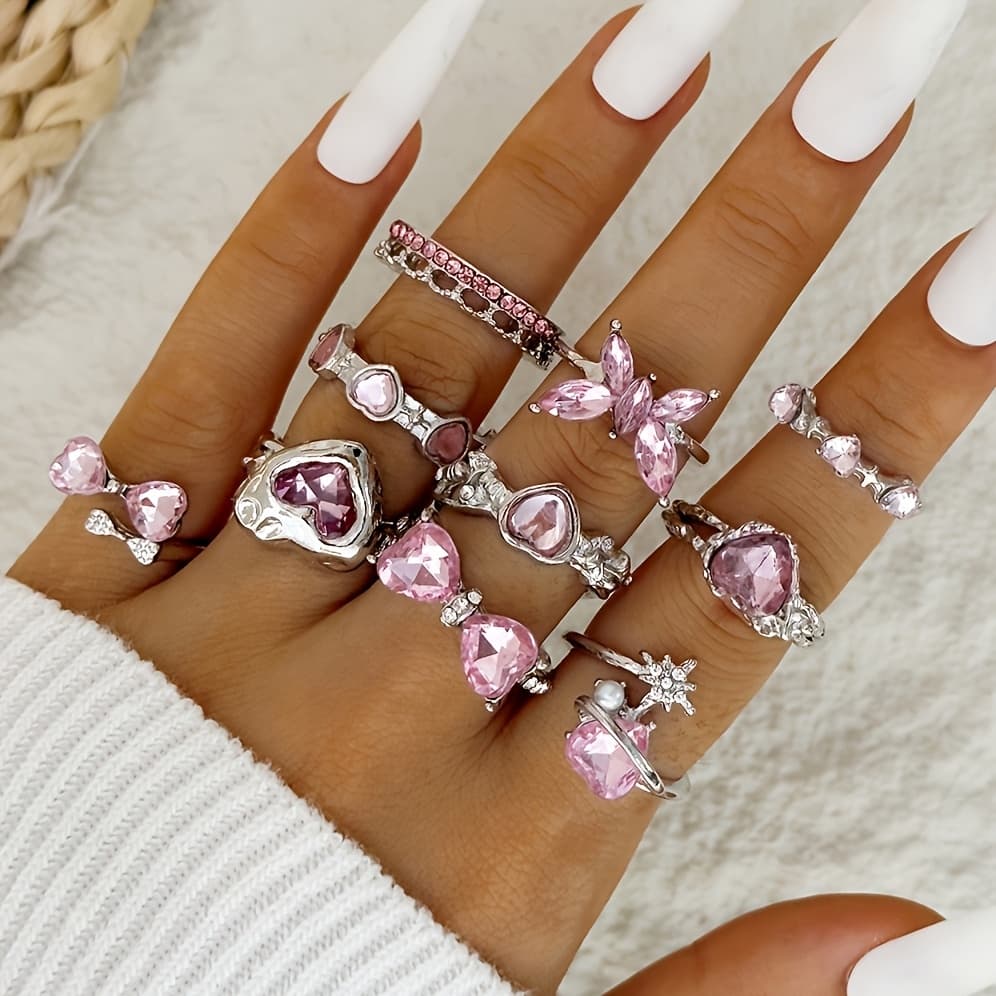 TEMU 10pcs Set, Stylish Pink Bow And Heart-shaped Elegant Exquisite Finger Rings, Suitable For Women's Prom Parties And , A Valentine's Day Gift For