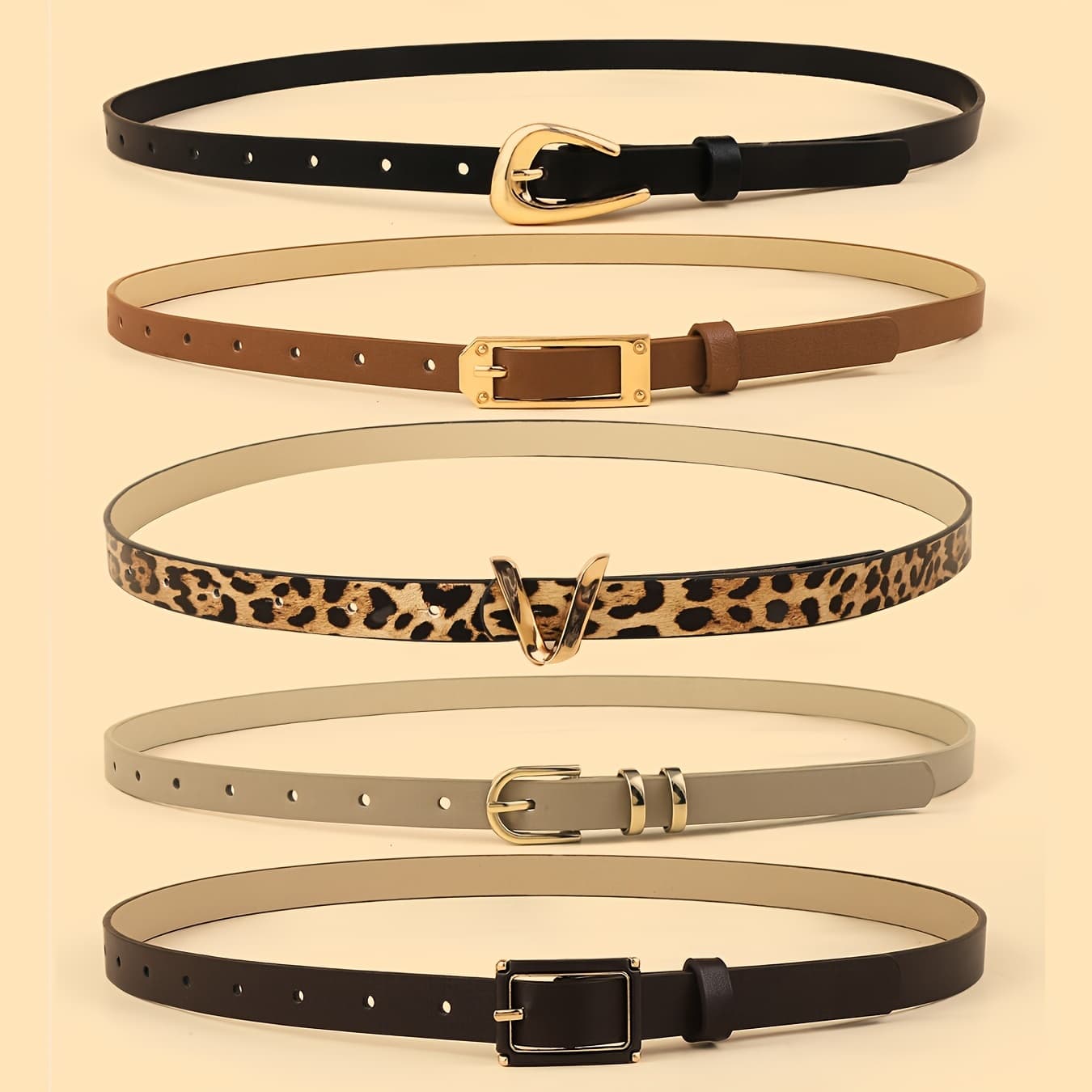 TEMU 5-pack Women's Pu Letter Shaped Belts, Leopard Print, Simple Bohemian Style, For Dresses And Jeans