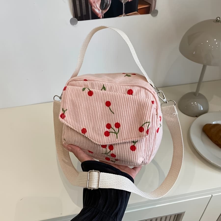 TEMU Cute Cherry Print Crossbody Bag, Versatile Corduroy Small Square Bag For , Portable Handbag/shoulder Bag, Christmas Holiday Gift For Wife/girlfriend, Storage Pouch
