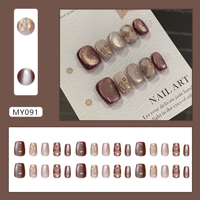 TEMU Short Cat-eye Rhombus Grid Autumn Fair-skinned Wearable Nail Versatile Retro Flash Patch Diamond Style