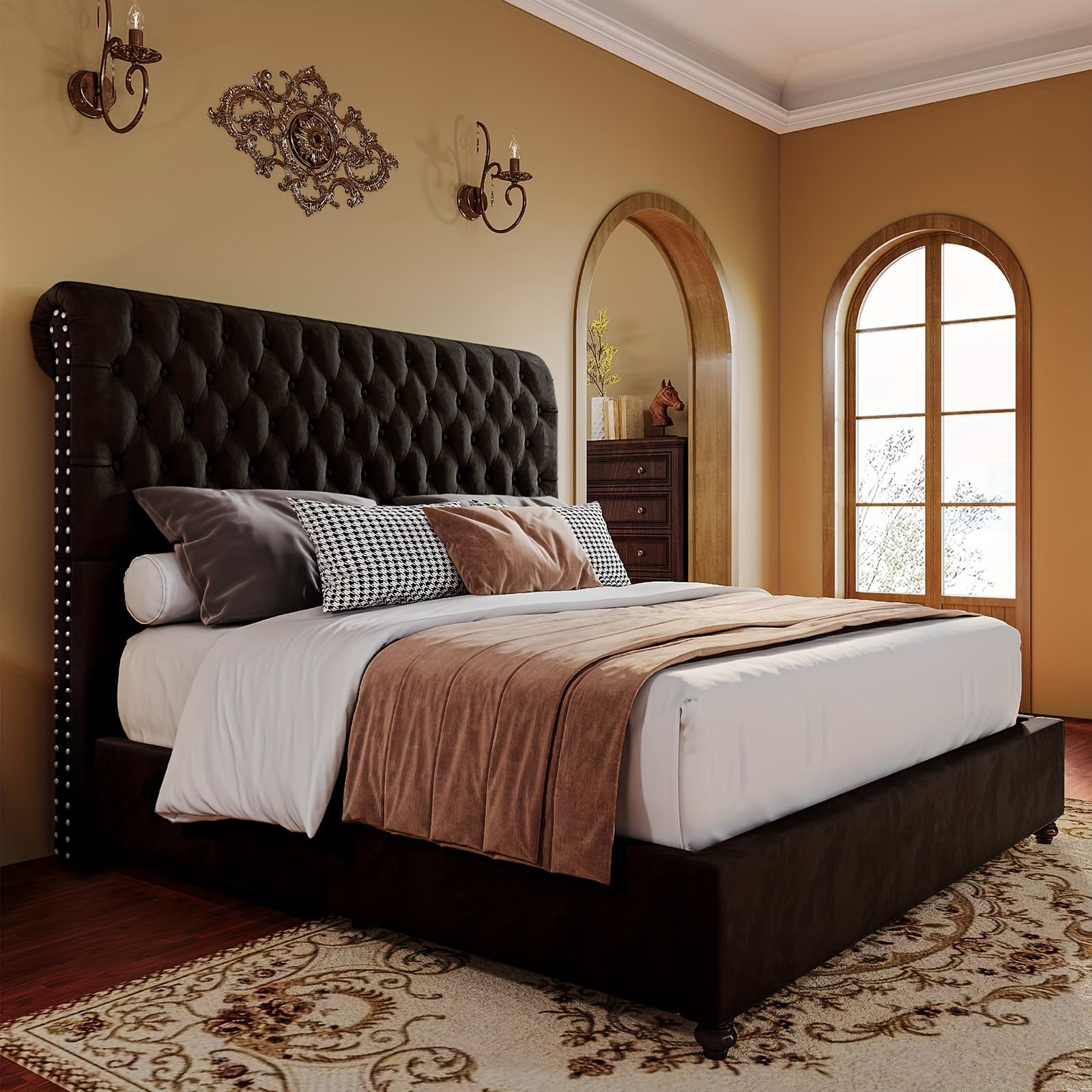 TEMU Papajet Fabric-covered Sleigh Style Bed Frame With Diamond-studded Headboard