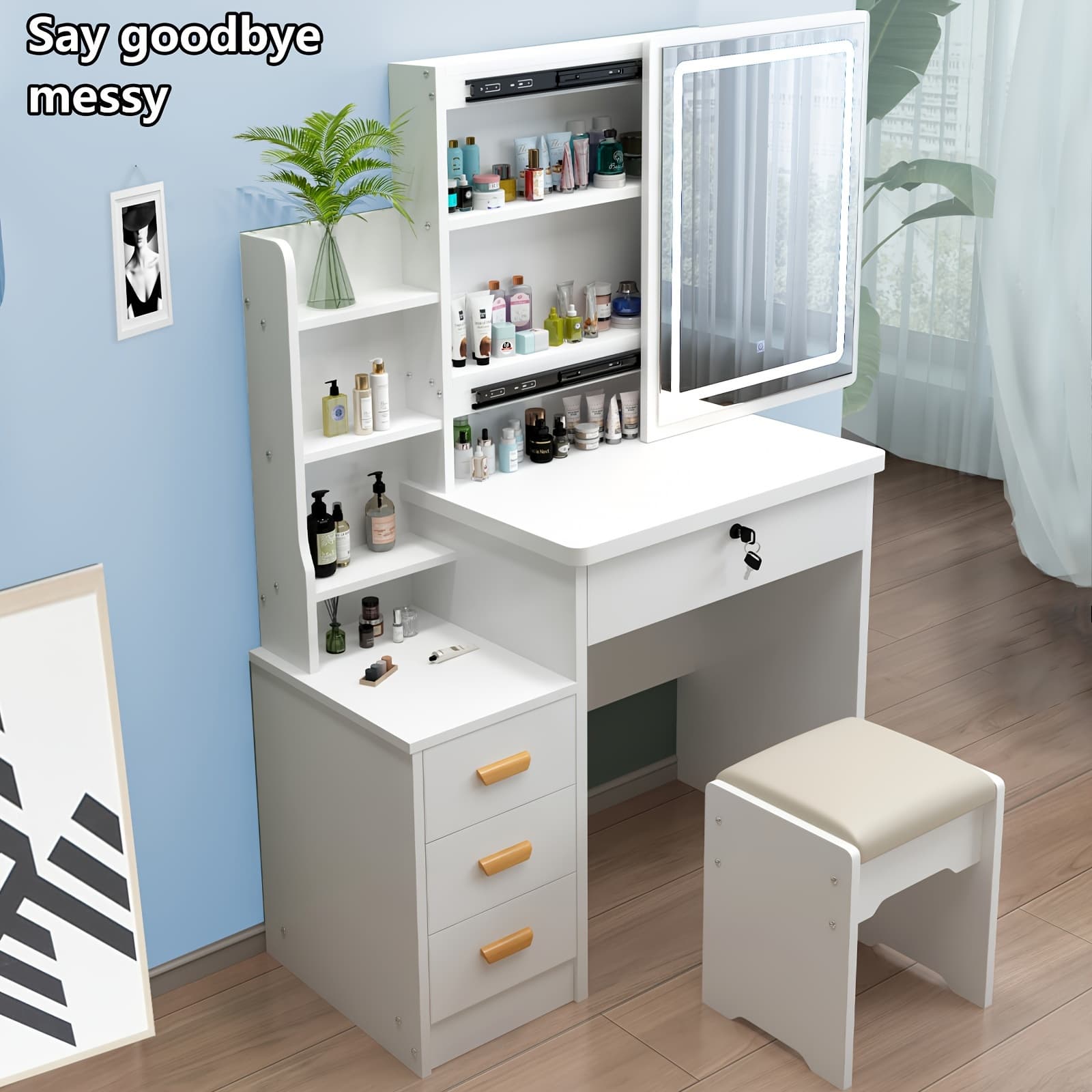 TEMU Dressing Table Featuring A Mirror And Lighting, With Options, Perfect As Halloween Presents For And Girls. This European-style Vanity Includes Drawers And Open Storage Shelves