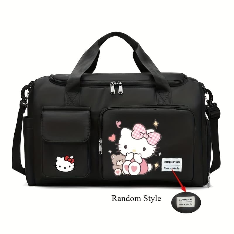 TEMU Hellokitty Large Capacity Travel Bag With Shoe Compartment Light Blue Nylon Duffel, Dry/wet Separation, Adjustable Shoulder Strap, Zipper Closure, Perfect For , Gym, Or Camping, Gym Bag