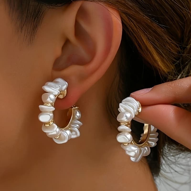 TEMU Set Of 2 Bohemian-inspired Handcrafted Earrings Featuring Woven Baroque Pearls, Designed For Everyday Outfits, Tank Tops, Beach , And Formal Events