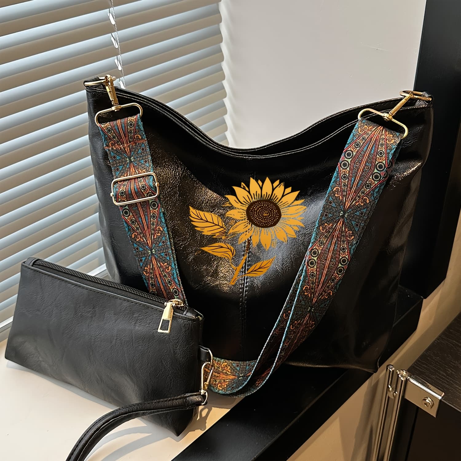 TEMU Widestrap, Largecapacity Tote Bagdaughter Bag, Shoulder Bag, Underarm Bag, Coin Purse, Casual And Versatile, Yellow Sunflower And Leaf Pattern Suitable For Daily Commuting.