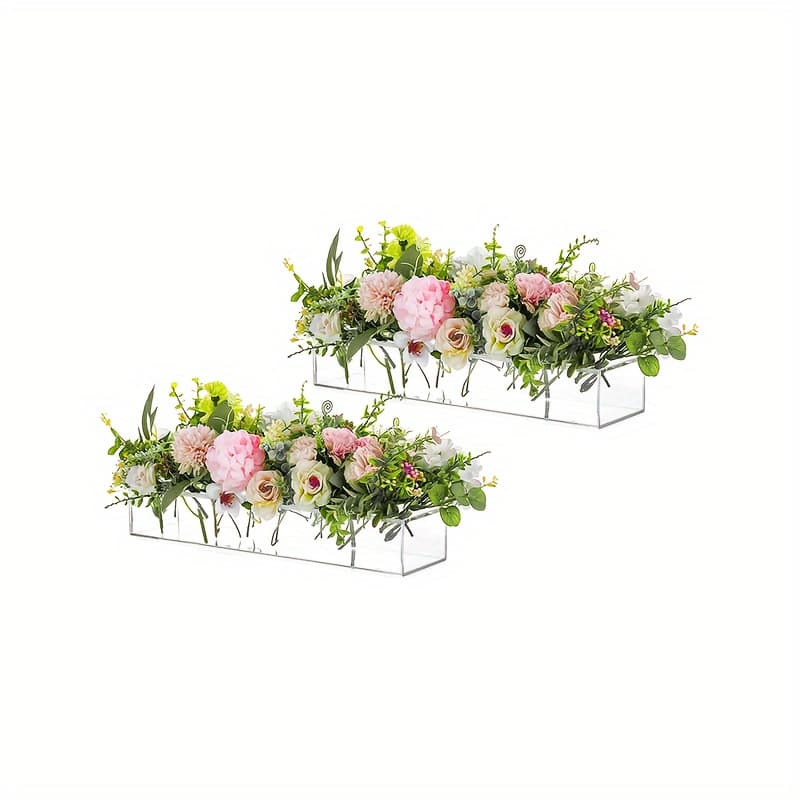 TEMU Rectangular Acrylic Vases For Centerpieces, 16 Inches Long Floral Vase With Holes For Flowers, Clear Rectangle Box Tray For Roses Arranger For Wedding Home Dining Table Decor, 2pcs