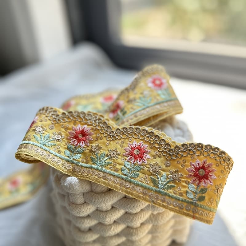 TEMU This Is A New Embroidered Sequin Lace Trim In 54-inch And 108-inch Lengths, Featuring , Green, And White Floral Designs. Perfect For Bow Ties, Neckties, Curtain Embellishments