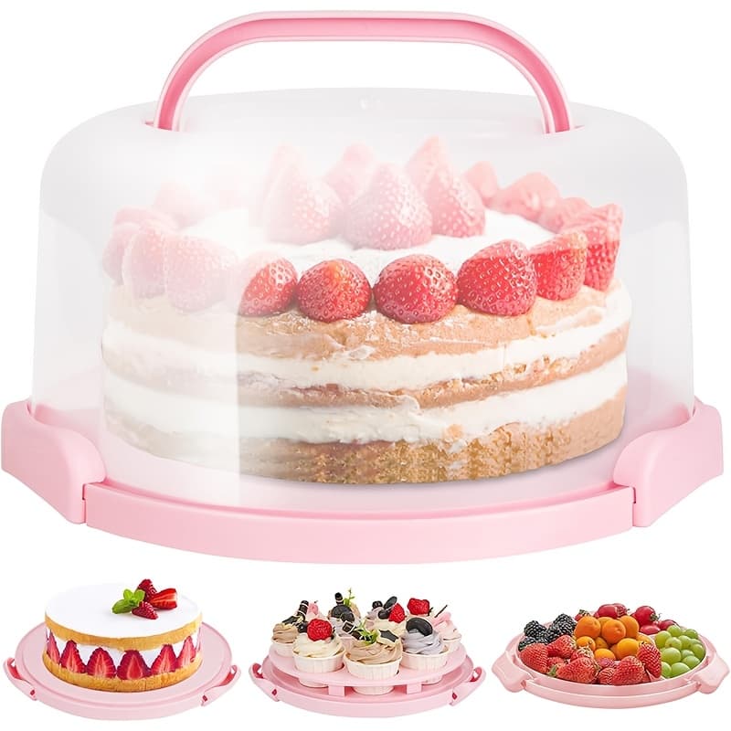 TEMU 10 Inch Cake Carrier With Lid, Bpa-free Plastic Cake Storage Container & Cupcake Keeper, 2-sided Base With Handles For Transporting Cakes, , Fruits, Party,