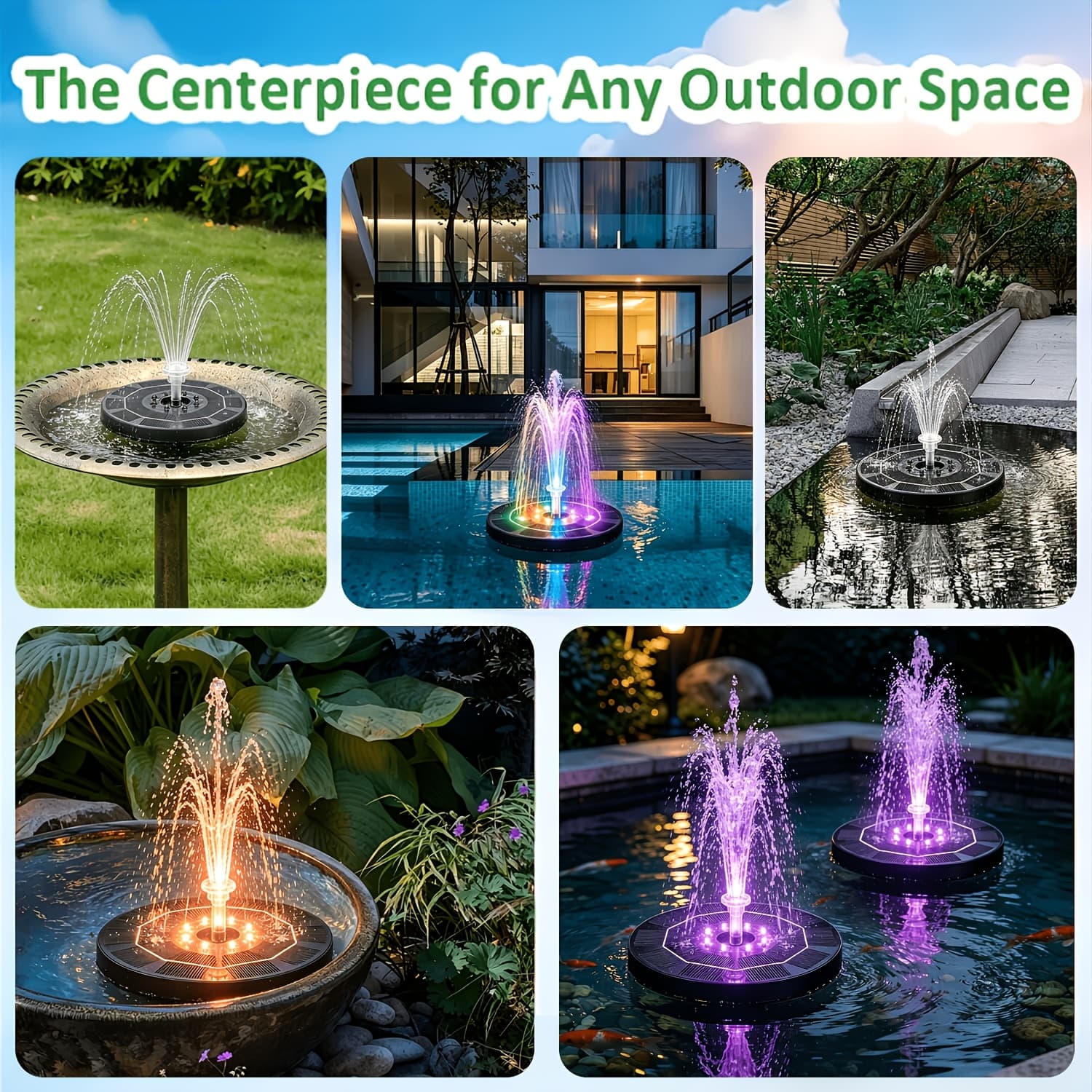 TEMU Led Solar Powered Fountain With Built-in Battery, Solar Fountain, Detachable, Elegant Design , Day And Night, Lights