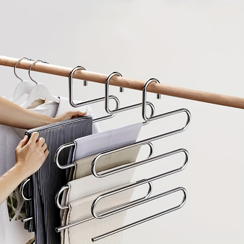 TEMU 1pc 5-tier Stainless Steel Pants Hanger - Slip-, Space-saving Jeans And Trousers Organizer With Polished Surface, Durable Metal Wardrobe Storage Solution For Neat Closet Organization