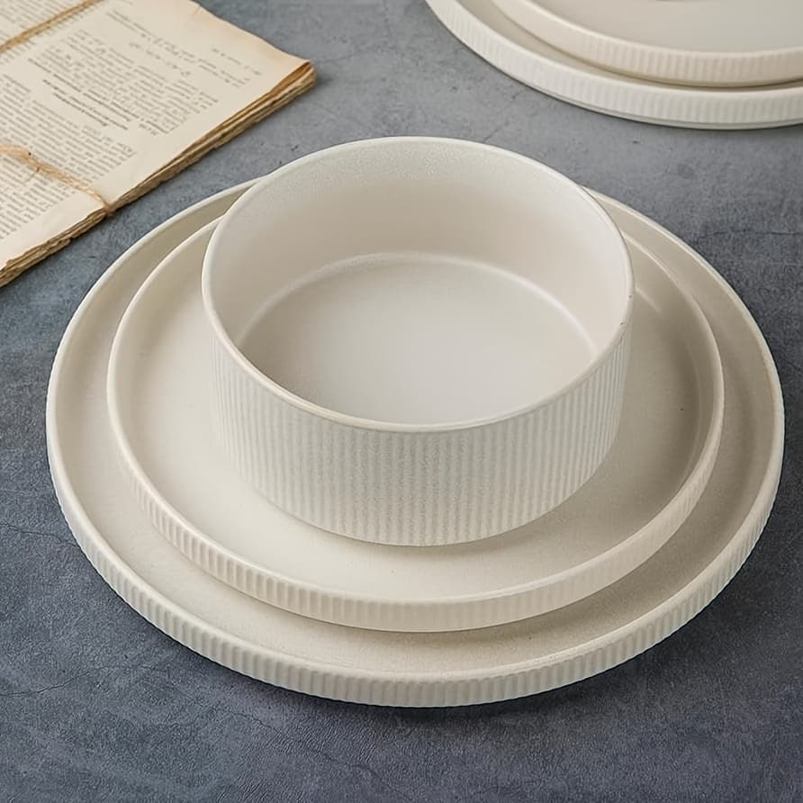 TEMU 12pcs Stoneware Dinnerware Sets, Round Plates And Bowls Set For 4, Ribbed, Dishwasher And Microwave-safe, Full Glaze Matte White