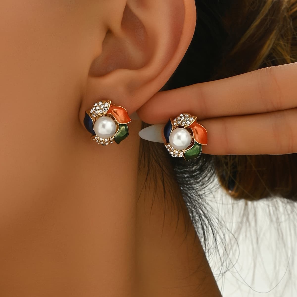 TEMU Fashion Retro Enamel Painting Oil Inlaid Tricolor Flower Light Luxury Stud Earrings