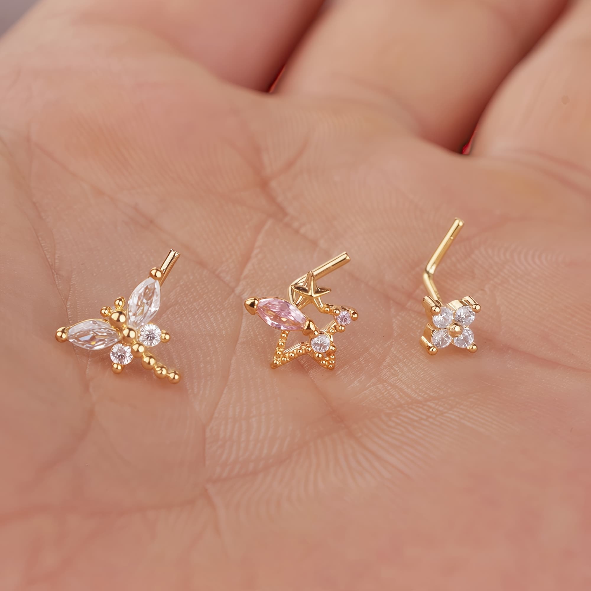 TEMU 3pcs Nose Studs L Shaped Nose Rings Studs For Women Star Dragonfly Nose Piercing Jewelry Valentine's Day Gifts