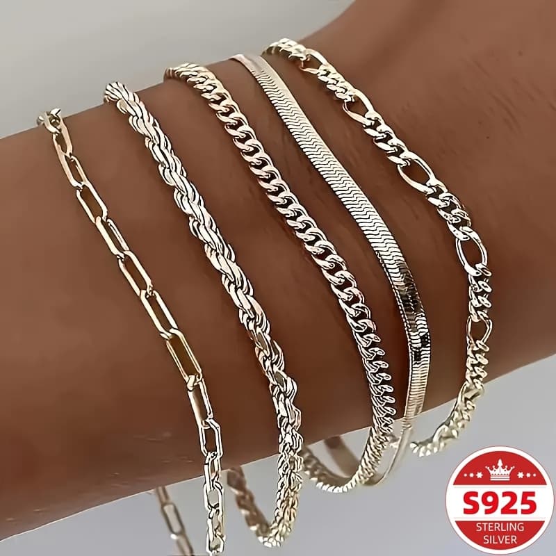 TEMU 5pcs Set 925 Sterling Silvery Cuban Bracelet - Bohemian Style For Men And Women | The Perfect Christmas Gift And Casual Wear