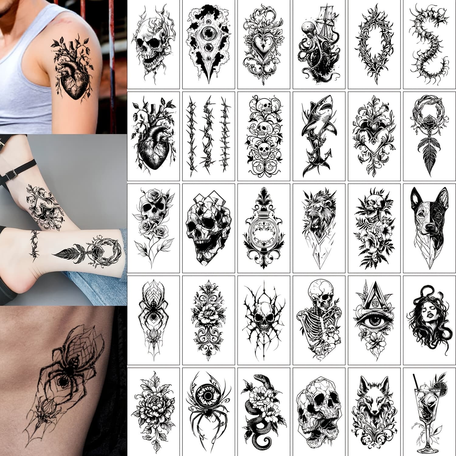 TEMU 30pcs Aoved Horror Temporary Tattoos For Adults - Waterproof, Intricate Featuring , Hearts, & More - Parties & Festivals, Aoved