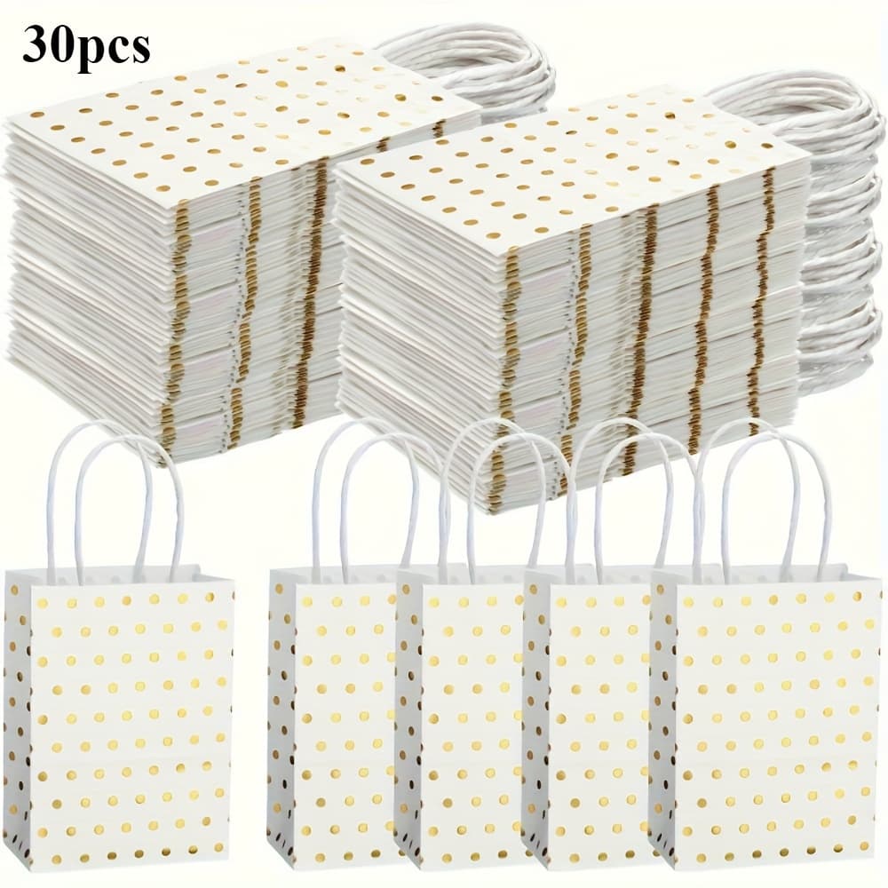 TEMU 30pcs Golden Paper Dot Gift Bags With Handles - 14.99x10.92x6.1cm - Perfect For Christmas, Birthday, Wedding Gifts, Valentine's Day, Easter, Parties And Gift Wrapping - White