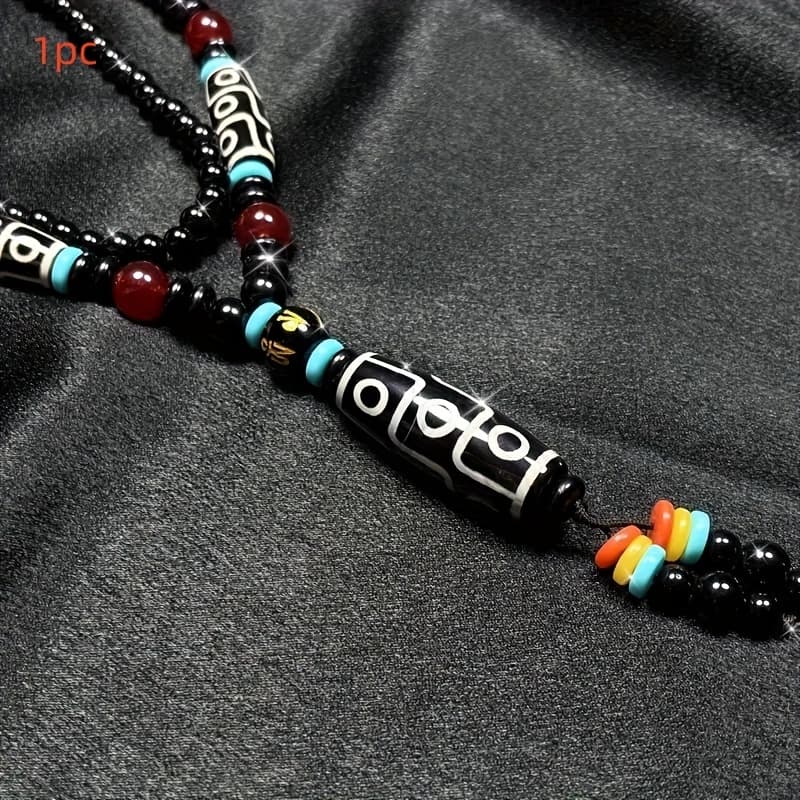 TEMU Ethnic Shi Bead Necklace-vibrant Black, Orange, And White Tribal Design With Tassel Pendant-is Suitable For Men And Women To Wear , And Is A Perfect Birthday Gift For Male And Female .