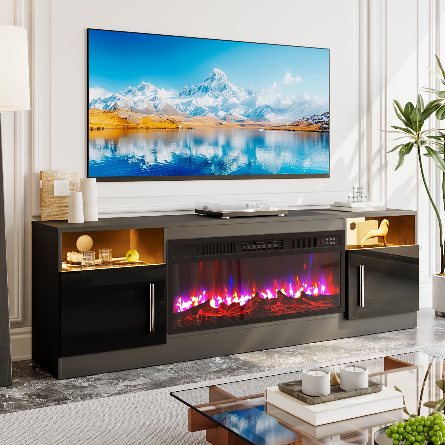 TEMU Fireplace Tv Stand With 36 Inch Fireplace Up To 80" Tvs, 70" Entertainment Center With 16 Colors Led Lights, Modern Wood High Gloss With Highlight Storage Cabinet For Living Room