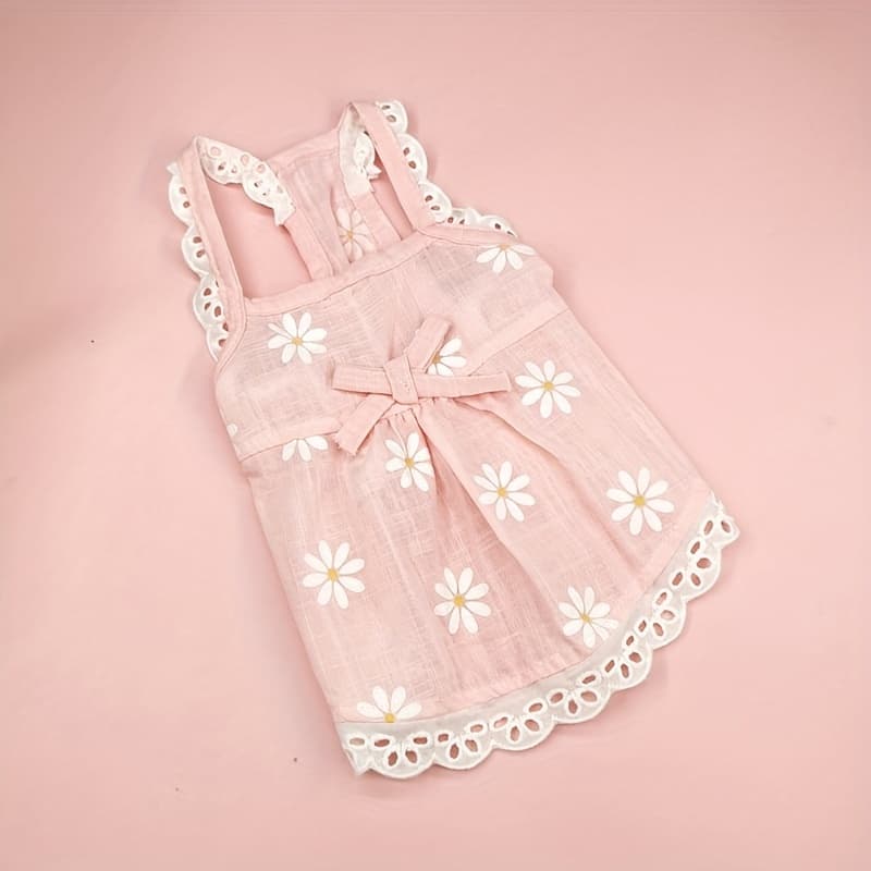 TEMU Floral Print Sunflower Suspender Dog Pet Dress Pet Dog Dress Autumn And Winter Lace Lace Trim Bow Tie Tie Head Flower Cat