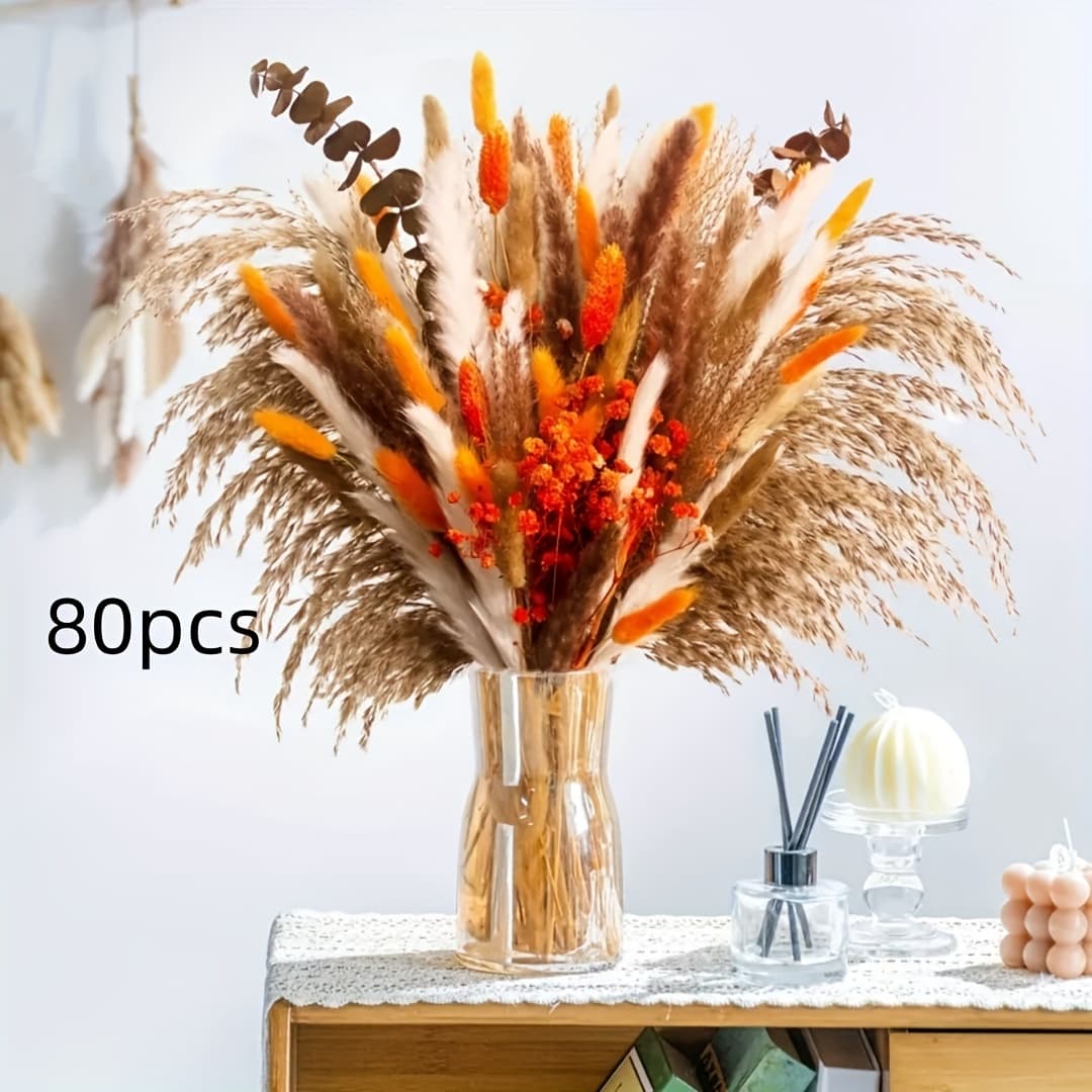 TEMU 80pcs Dried Pampas Grass Decor Bundle With Rabbit Tail Grass & Eucalyptus - Vibrant Reed Stems For Bridal Bouquets, Home Decor, Christmas & Thanksgiving Arrangements