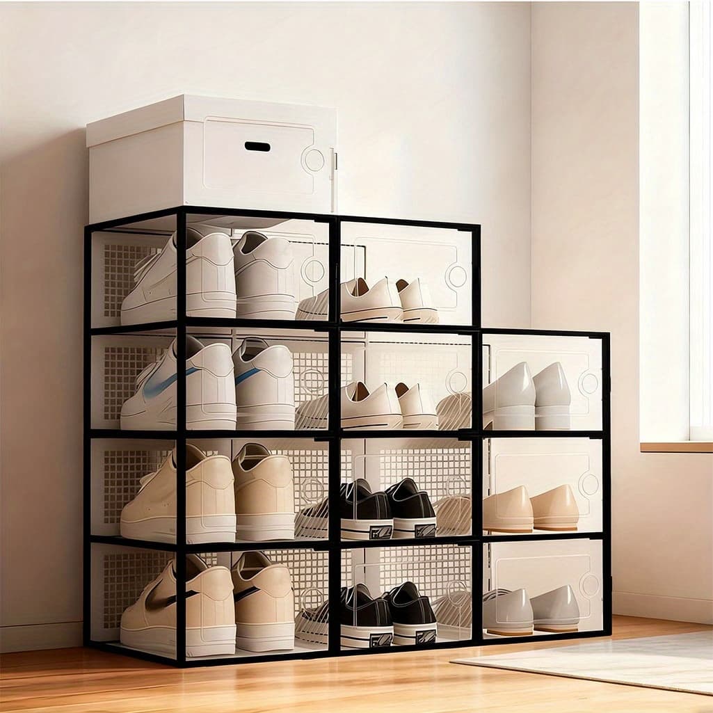 TEMU 12 Pack Shoe Storage Boxes Organizers For Closet, Clear Plastic Stackable Sneaker Containers For Entryway, Space Saving Shoe Rack Holder, Substitute For Drawer Organize Unit